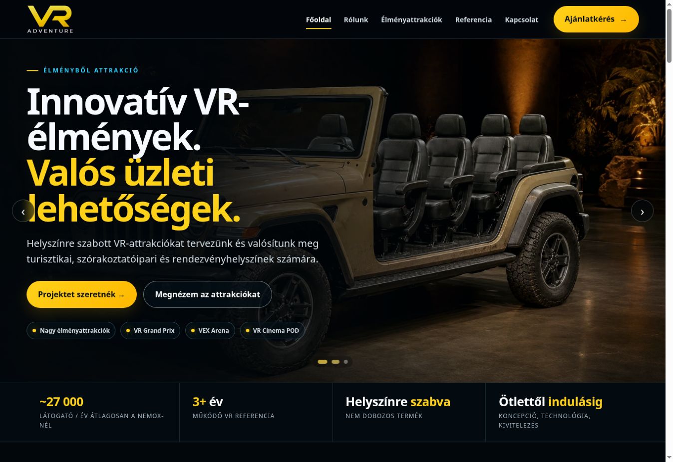 A VR Adventure működő főoldalának képernyőképe, navigációval és nyitóképpel